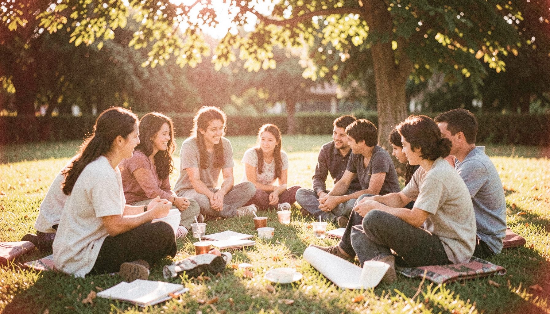 A grainy analog film photograph of a diverse group of young people sitting in a circle on a sunlit lawn, notebooks and chai cups scattered around, warm golden-hour light filtering through tree leaves, candid and unhurried.