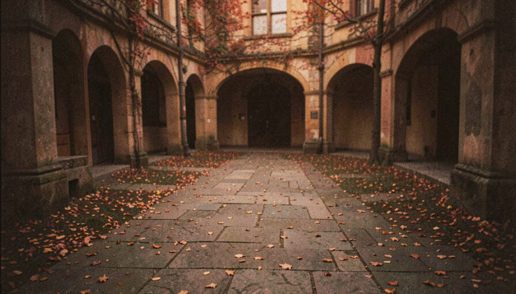 A grainy analog film photograph of a quiet campus courtyard at dusk, warm amber light spilling across worn stone pathways and scattered fallen leaves, deep shadows pooling under archways, a mood of solidarity and calm resolve.