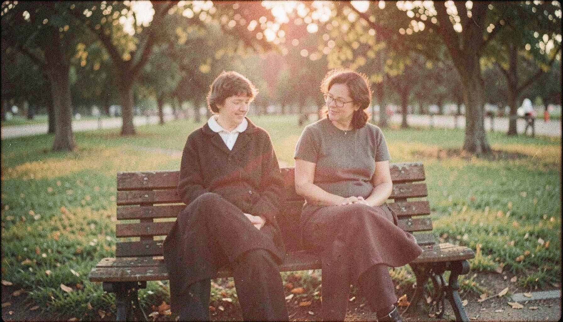 An analog film photograph with visible grain, two people sitting on a park bench in soft evening light, warm golden and muted green tones, contemplative mood.
